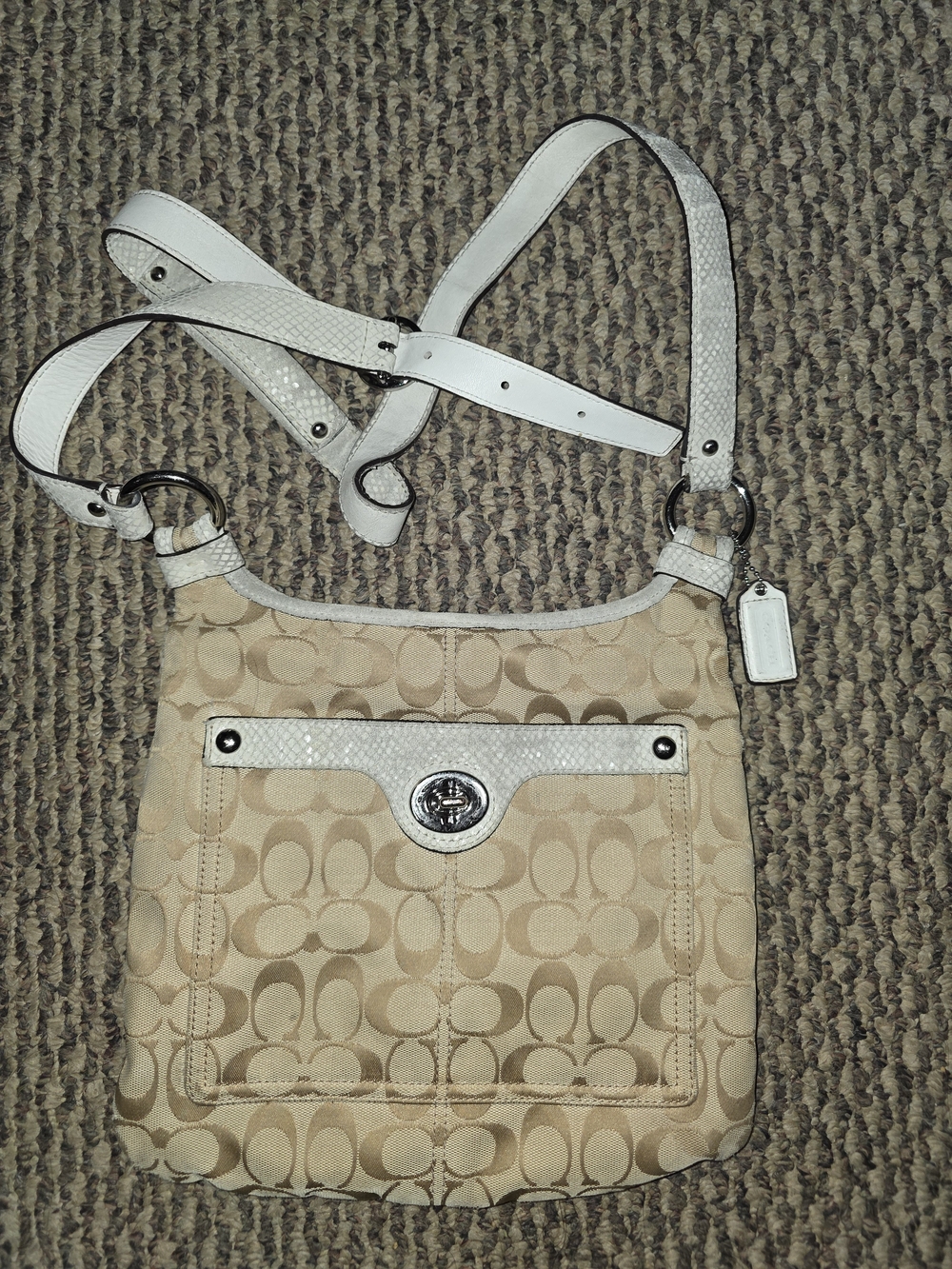 Coach Beige Signature Canvas Crossbody with White Leather Accents